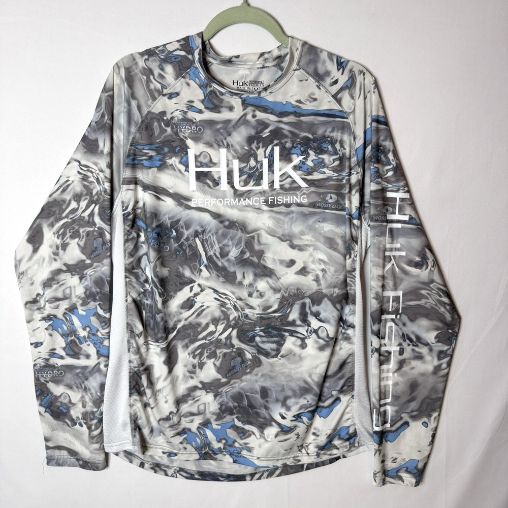 Huk Performance Fishing Shirt Mens M Gray Blue Print Mossy Oak Hydro UPF Stretch
